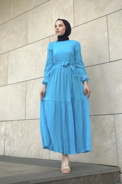 Kendinden Çizgili Maxi Elbise Mavi