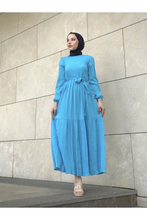 Kendinden Çizgili Maxi Elbise Mavi