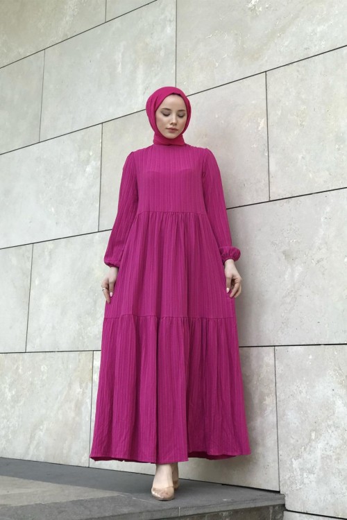 Kendinden Çizgili Maxi Elbise Fuşya