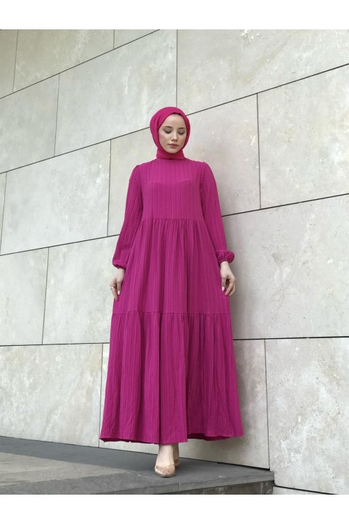 Kendinden Çizgili Maxi Elbise Fuşya