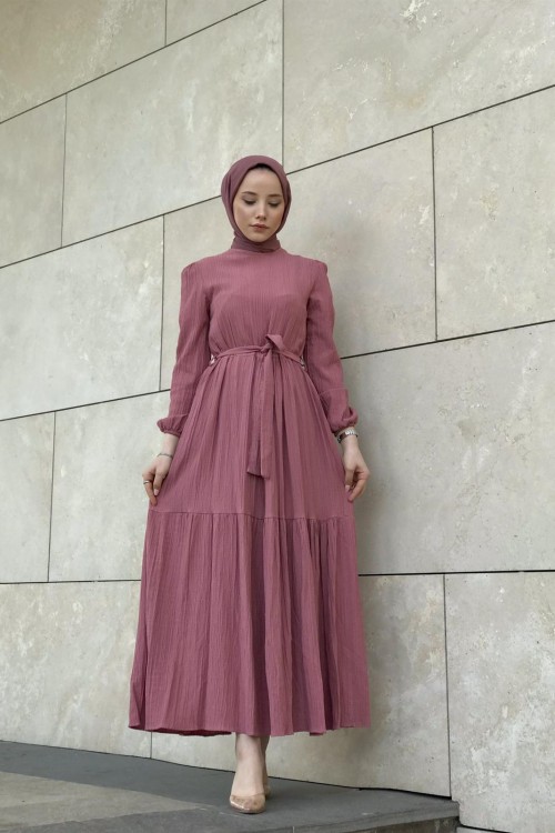 Kendinden Çizgili Maxi Elbise GülKurusu