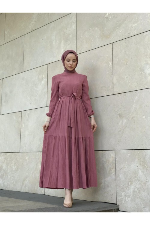 Kendinden Çizgili Maxi Elbise GülKurusu