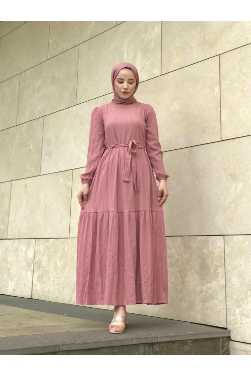 Kendinden Çizgili Maxi Elbise Pudra