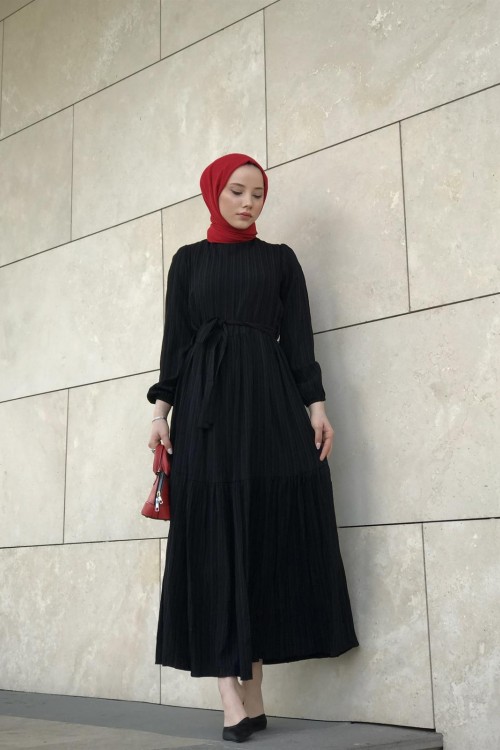 Kendinden Çizgili Maxi Elbise Siyah