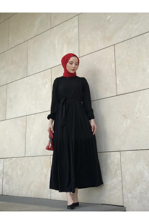 Kendinden Çizgili Maxi Elbise Siyah