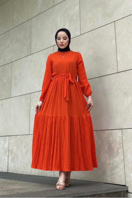 Kendinden Çizgili Maxi Elbise Turuncu