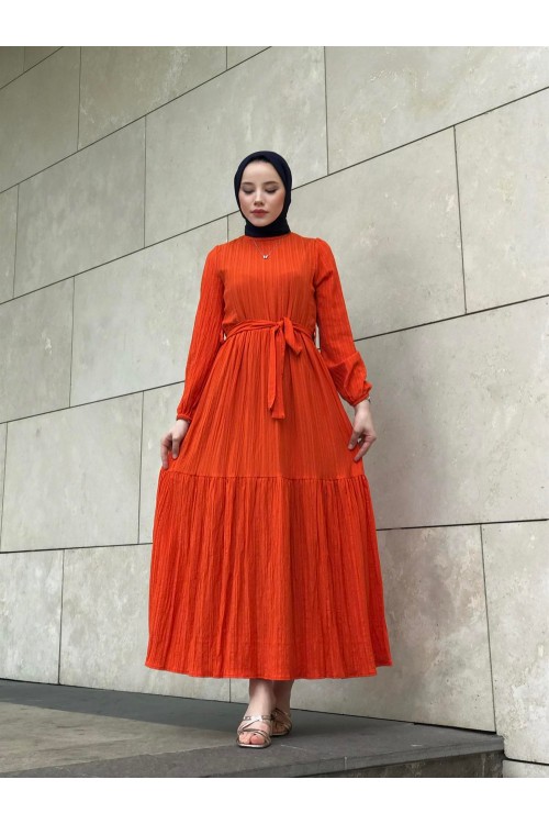 Kendinden Çizgili Maxi Elbise Turuncu