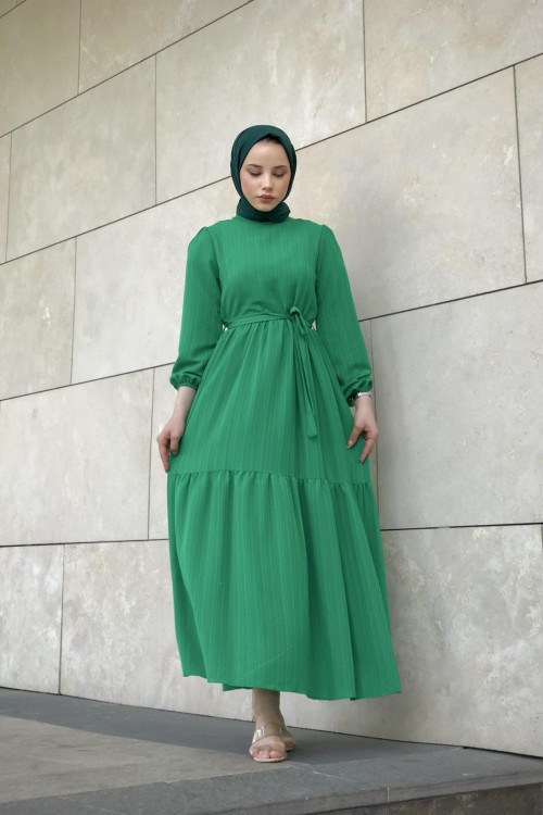 Kendinden Çizgili Maxi Elbise Yeşil