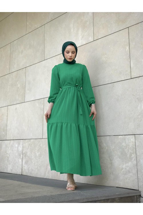 Kendinden Çizgili Maxi Elbise Yeşil