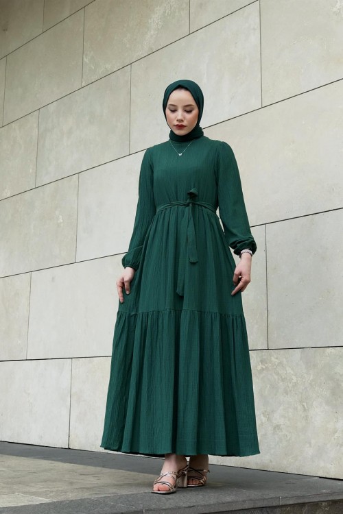 Kendinden Çizgili Maxi Elbise Zümrüt