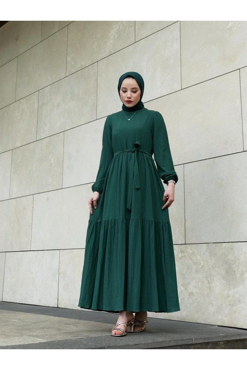 Kendinden Çizgili Maxi Elbise Zümrüt