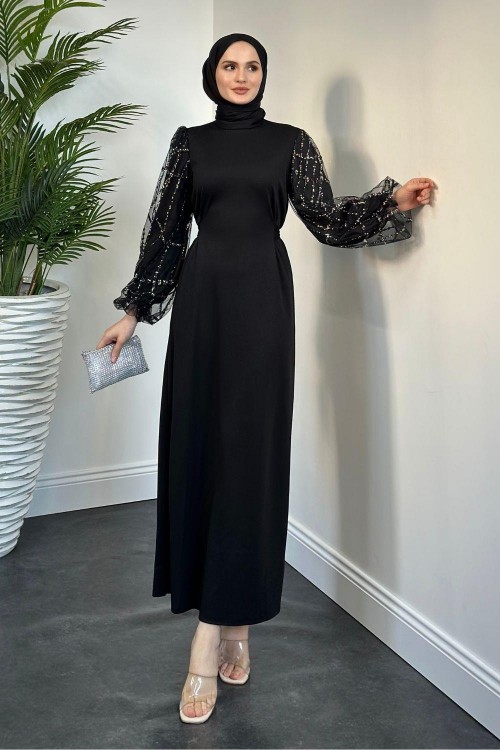 Kevin Kolları Simli Kalem Abiye Siyah