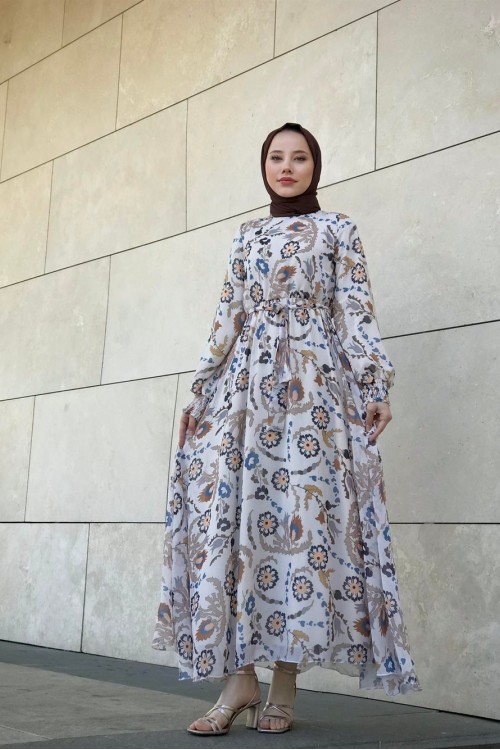 Kilim Desen Balon Kol Şifon Elbise Kahverengi