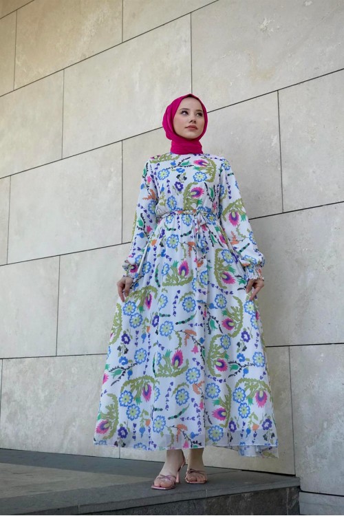 Kilim Desen Balon Kol Şifon Elbise Mavi