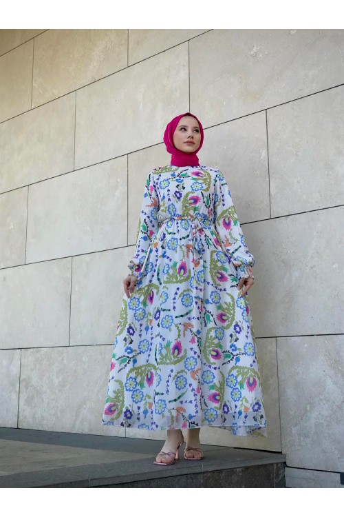 Kilim Desen Balon Kol Şifon Elbise Mavi