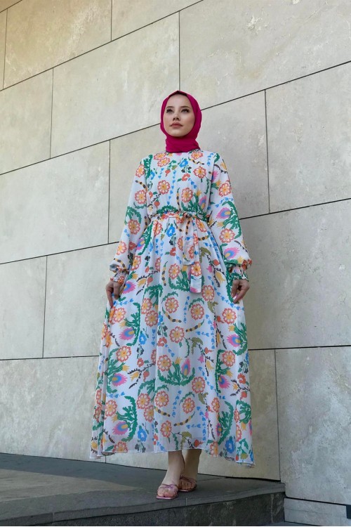 Kilim Desen Balon Kol Şifon Elbise Turuncu