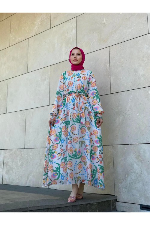 Kilim Desen Balon Kol Şifon Elbise Turuncu