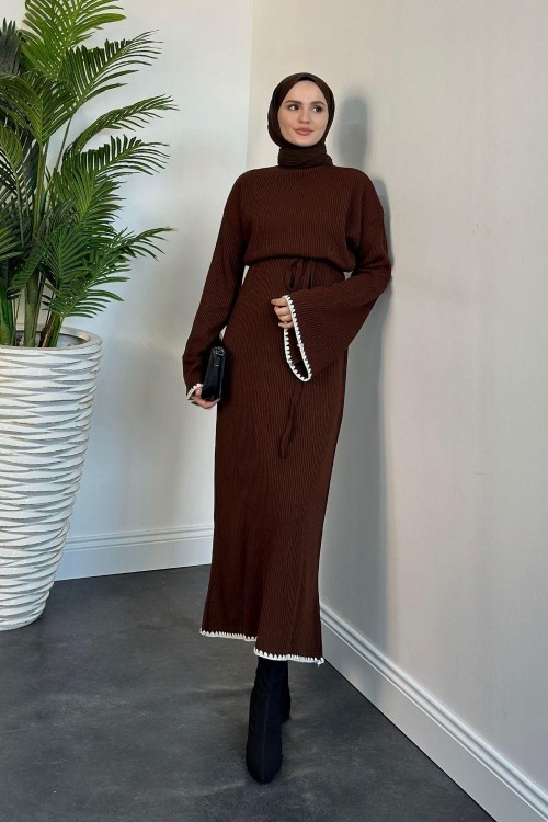 Kiran İspanyol Kol Triko Elbise Kahverengi