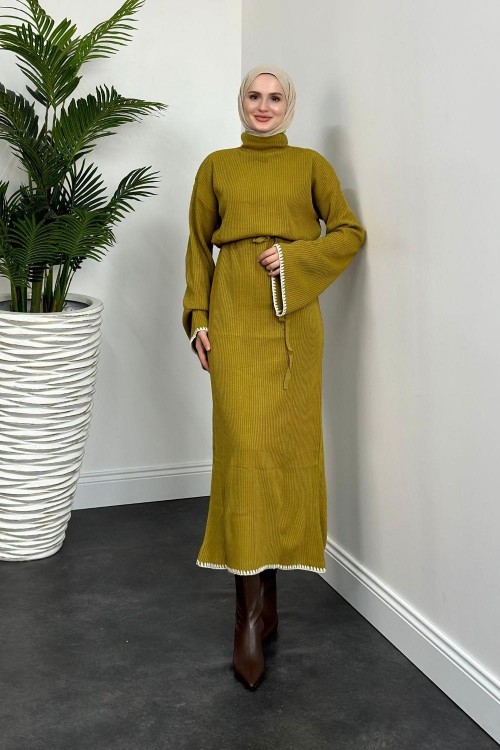 Kiran İspanyol Kol Triko Elbise Yağ Yeşili