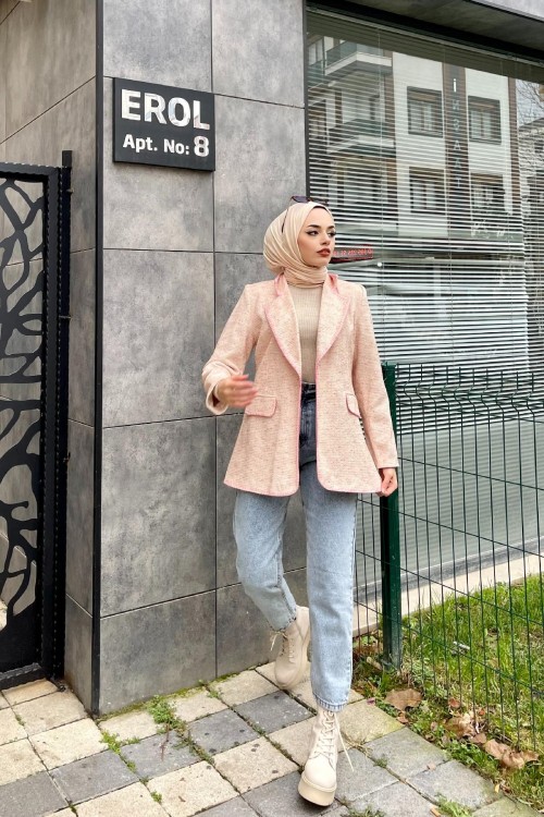 Kırçıklı Astarlı Ceket Pudra