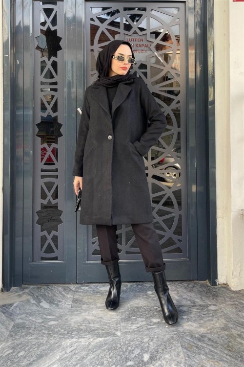 Kısa Astarlı Kaşe Kaban Siyah