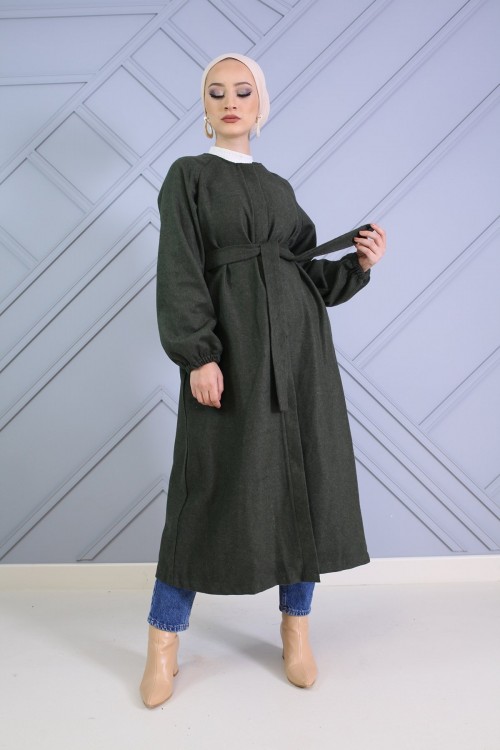 Kolları Büzgülü Kuşaklı Kaşe Kaban Haki