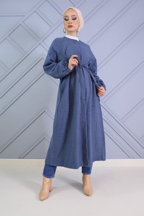 Kolları Büzgülü Kuşaklı Kaşe Kaban İndigo