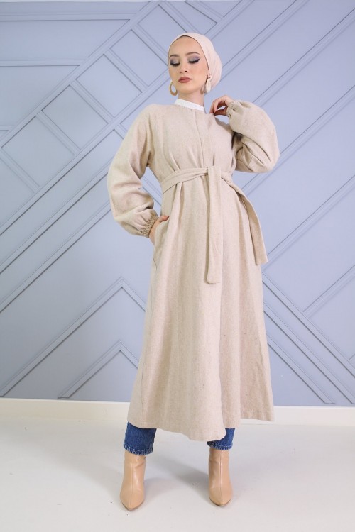 Kolları Büzgülü Kuşaklı Kaşe Kaban Krem