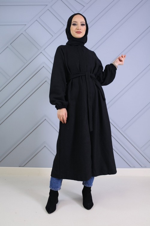 Kolları Büzgülü Kuşaklı Kase Kaban Siyah