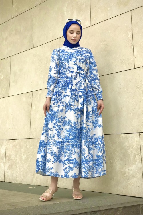 Kolları Büzgülü Yarım Düğmeli Etnik Desen Elbise Mavi