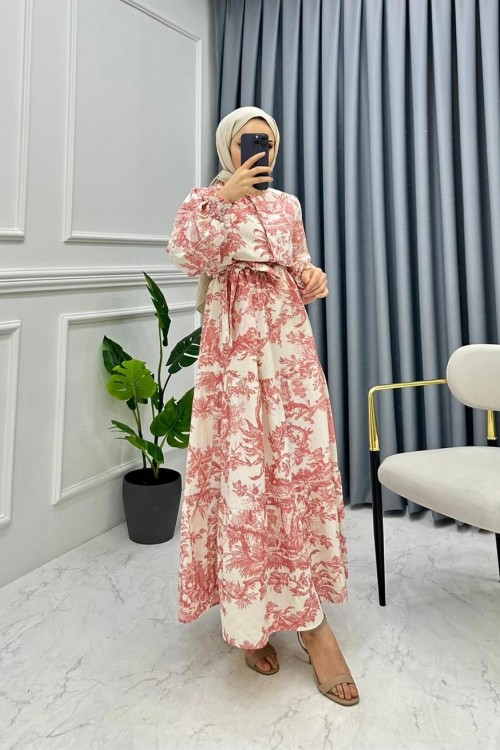 Kolları Büzgülü Yarım Düğmeli Etnik Desen Elbise Kırmızı