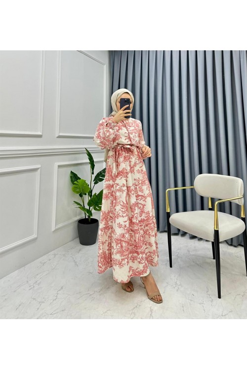 Kolları Büzgülü Yarım Düğmeli Etnik Desen Elbise Kırmızı