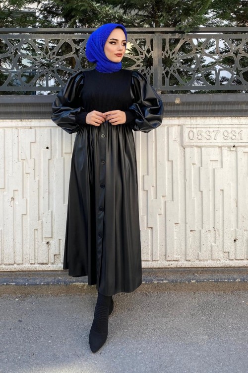 Kolları Deri Triko Elbise Siyah