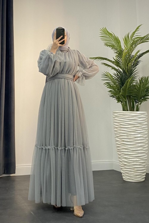 Kolları Fırfır Detay Drapeli Abiye Gri