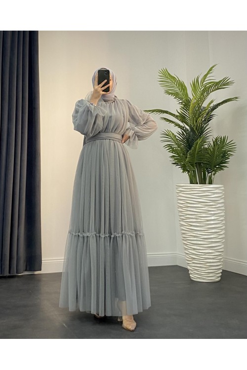 Kolları Fırfır Detay Drapeli Abiye Gri