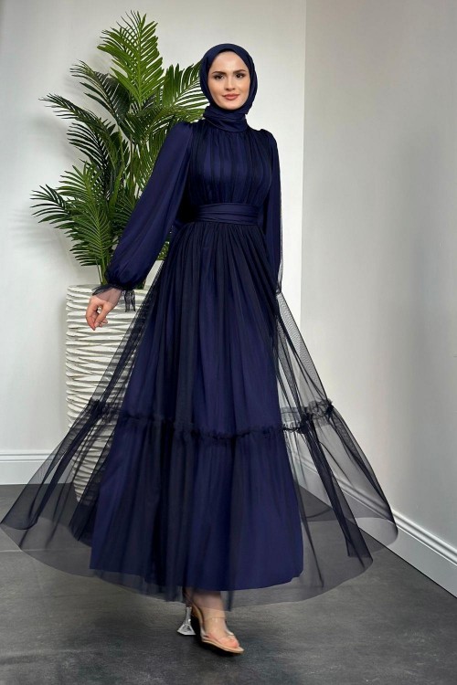 Kolları Fırfır Detay Drapeli Abiye Lacivert