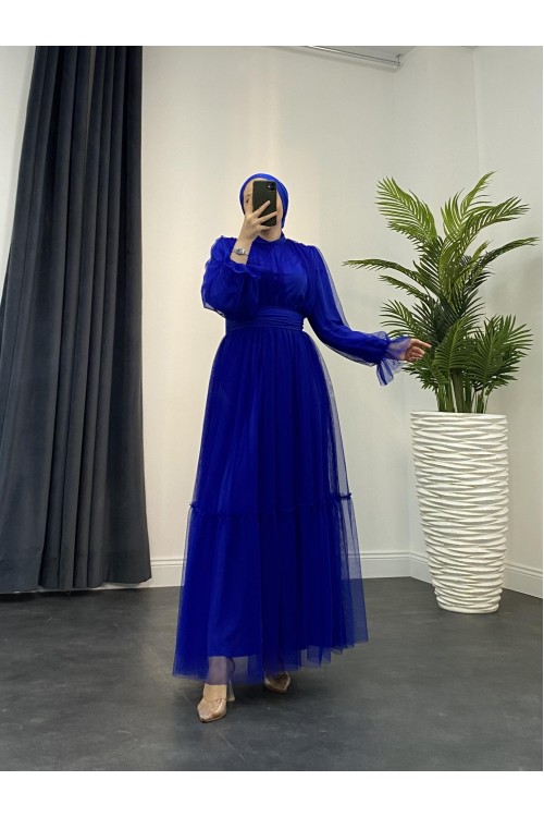 Kolları Fırfır Detay Drapeli Abiye Saks