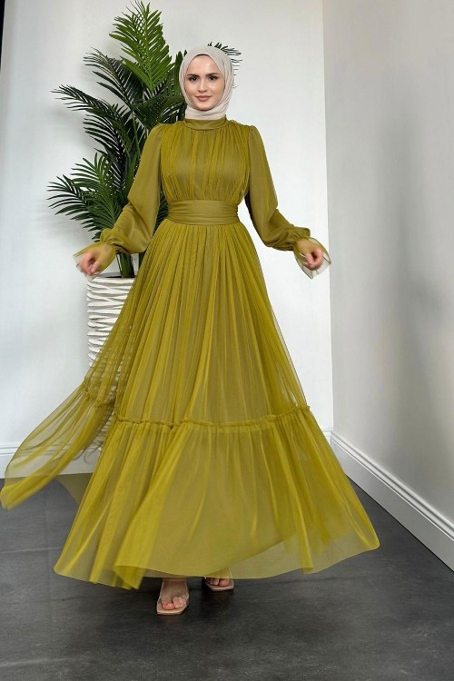 Kolları Fırfır Detay Drapeli Abiye Yağ Yeşili