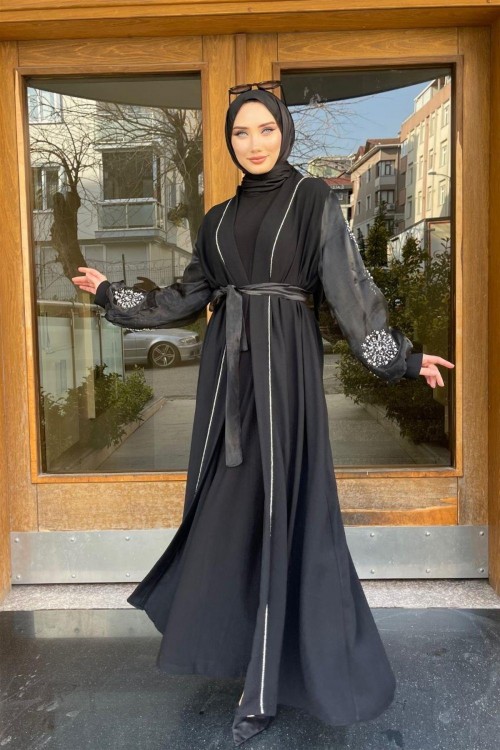 Kolları Organize Tül Abaya Siyah