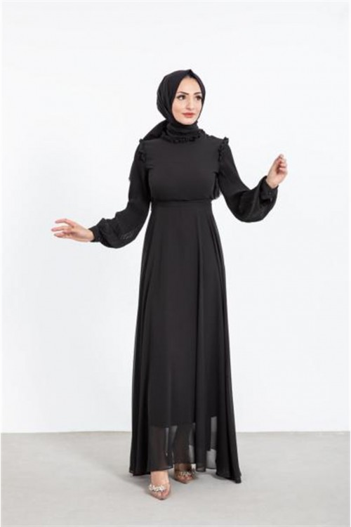 Kolları Pileli Kuşaklı Şifon Elbise Siyah