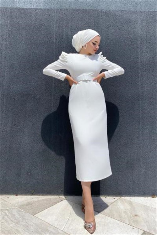 Kolu Detaylı Kemerli Elbise Beyaz