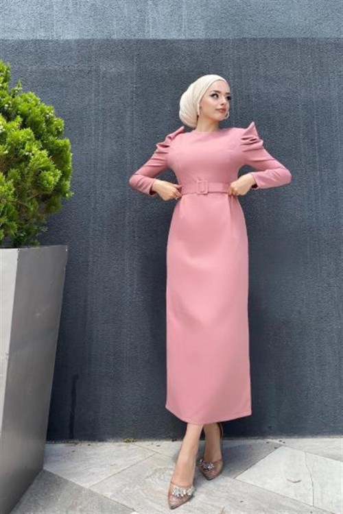 Kolu Detaylı Kemerli Elbise Pudra