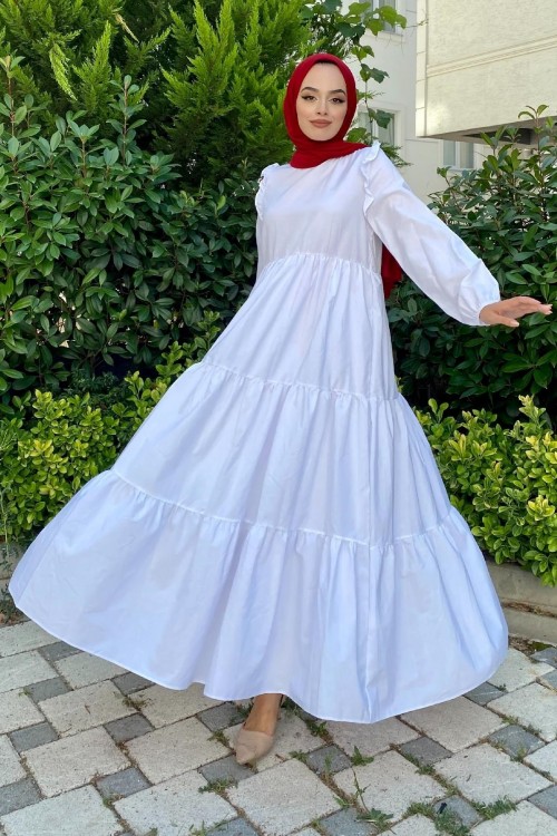 Kolu Fırfırlı Poplin Tesettür Elbise Beyaz