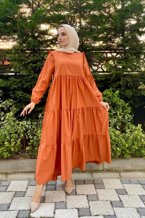 Kolu Fırfırlı Poplin Tesettür Elbise Kiremit