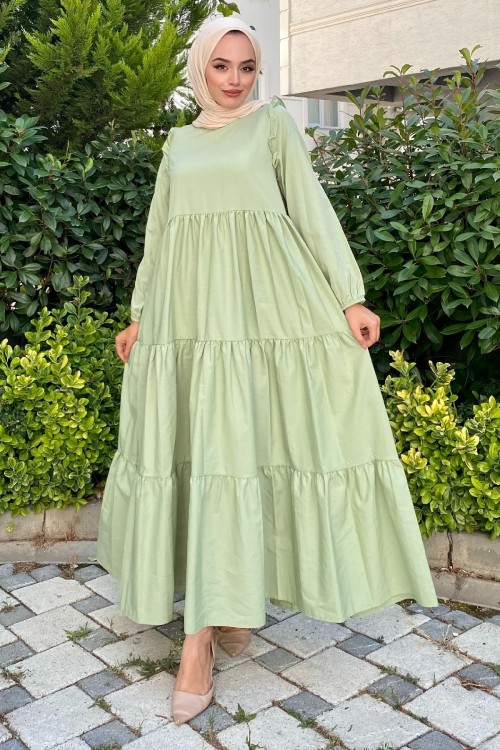 Kolu Fırfırlı Poplin Tesettür Elbise Mint