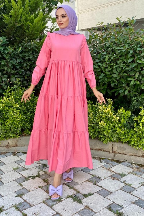 Kolu Fırfırlı Poplin Tesettür Elbise Pembe