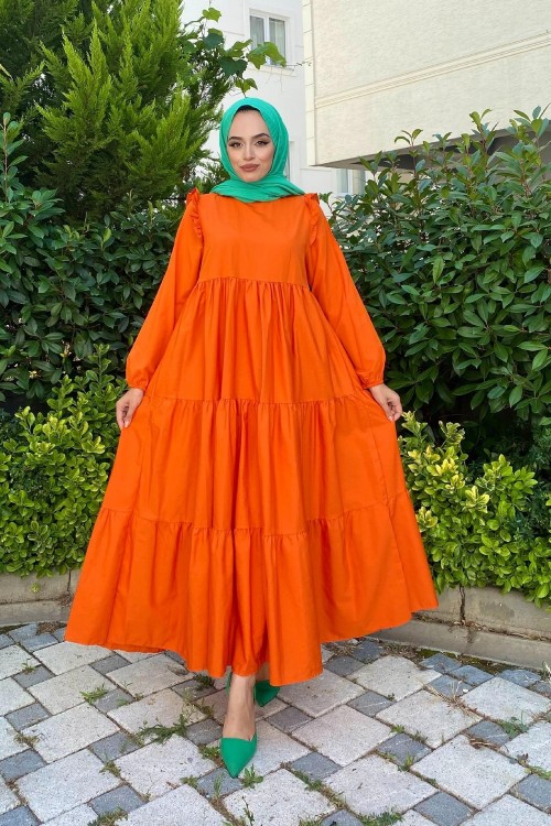 Kolu Fırfırlı Poplin Tesettür Elbise Turuncu
