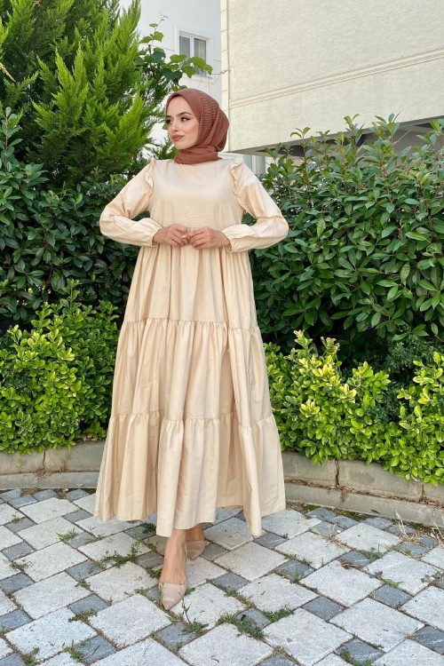 Kolu Fırfırlı Poplin Tesettür Elbise Vizon