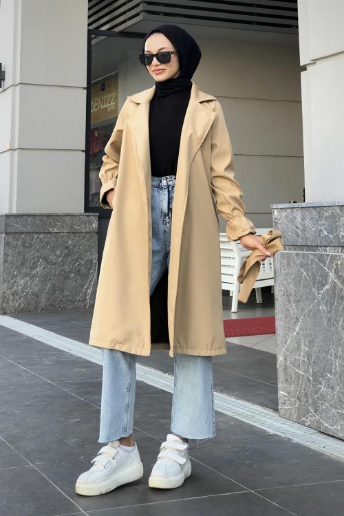 Kolu Fırfırlı Trençkot Krem