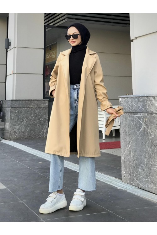 Kolu Fırfırlı Trençkot Krem